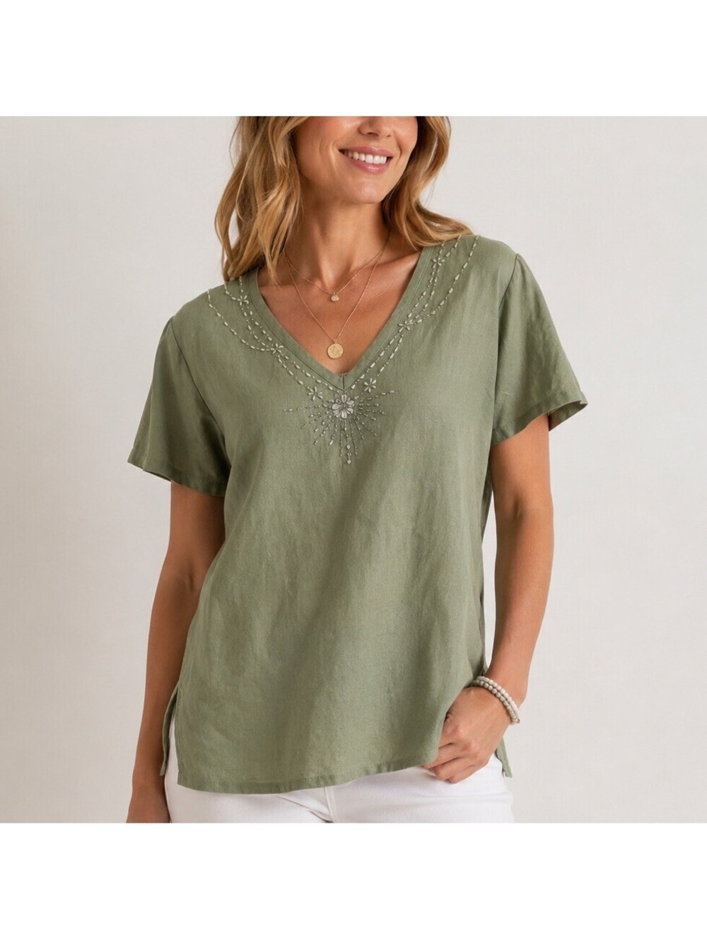 BOGARI Sage Green Linen Blend Beaded Tunic Blouse Women’s Medium Boho Coastal